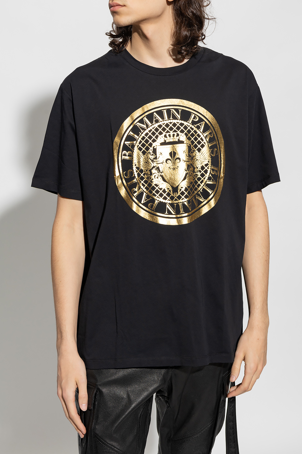 Balmain bi-material pleated denim skirt - shirt with logo